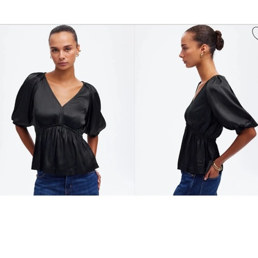 Madewell Shirred Puff-Sleeve Top in Satin XSmall